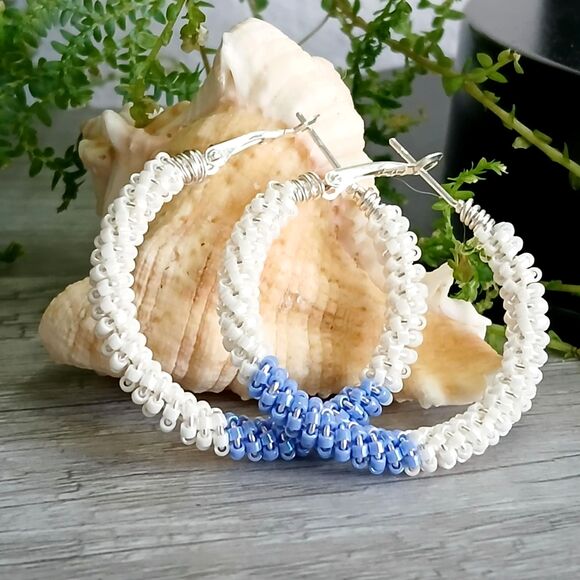 Purple & White Beaded Hoop Earrings, Seed Bead Jewelry Handmade Jewelry 1.5" - Picture 3 of 3